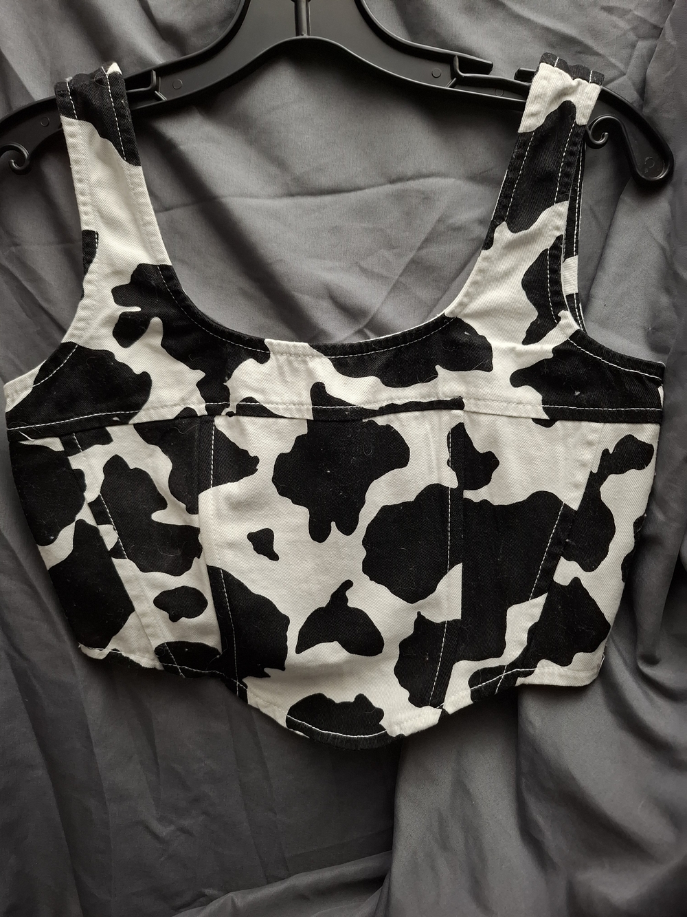 Lonestar Women’s Cow Print Scoop Neck Crop Top - Black & White Size Small